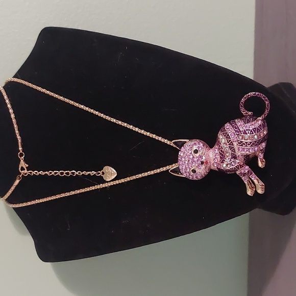 Betsey Johnson Purple Rhinestone Cat Brooch Pendant Necklace 26" - Picture 5 of 17